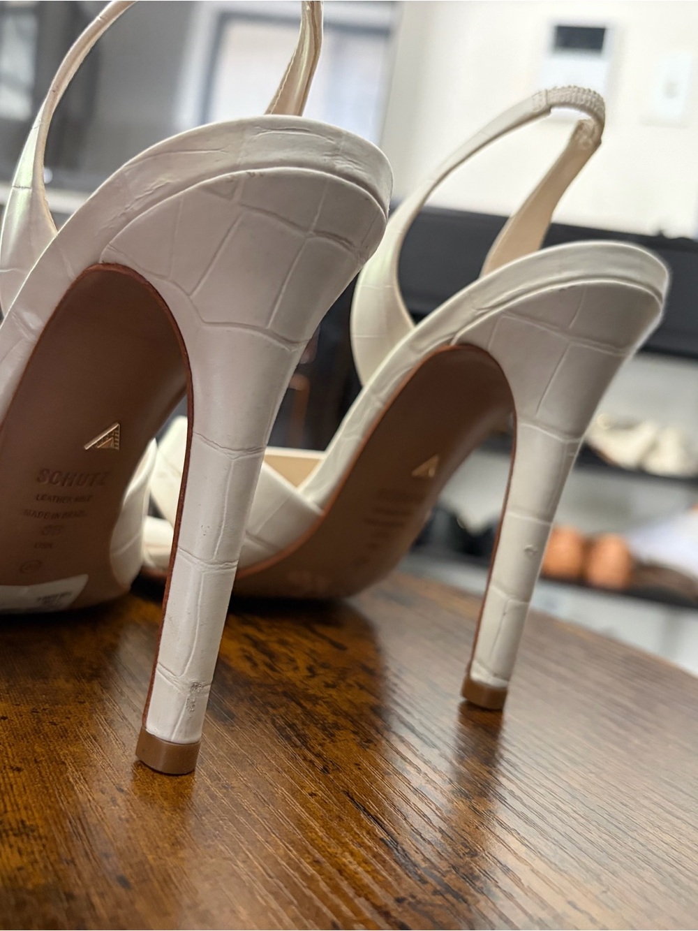 SCHUTZ Cream Croc-Embossed Slingback Heels - Picture 2 of 3